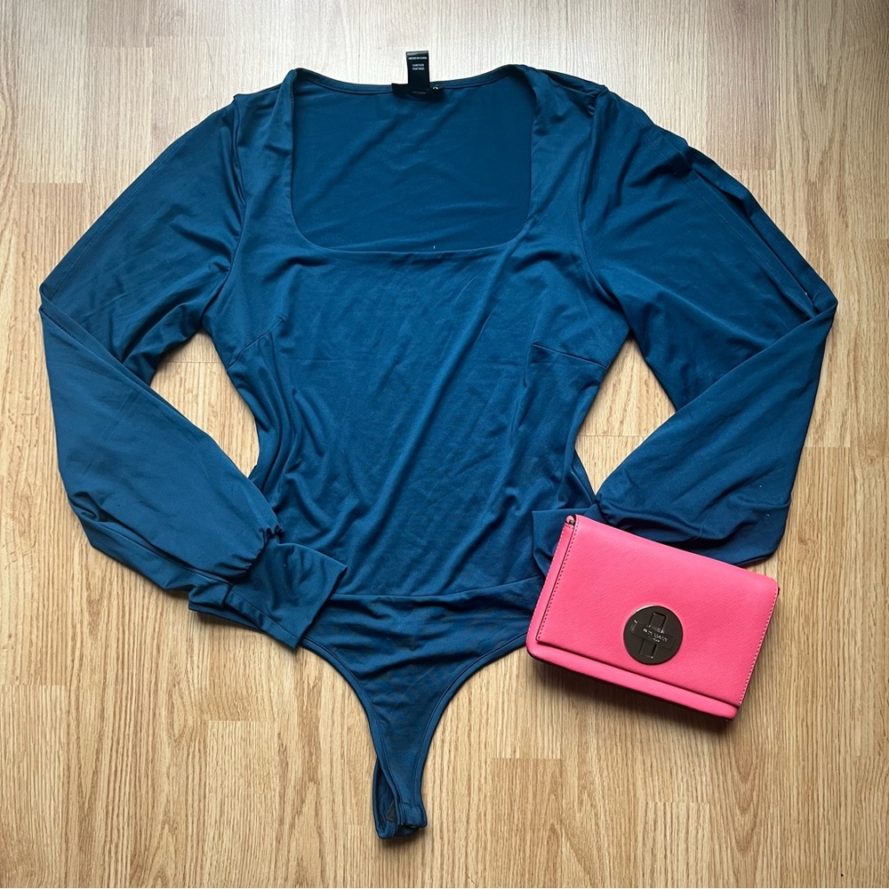 Revamped dark teal square-neck bodysuit with haram style slit-arm
